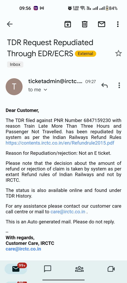 It's time for you to update ur software properly.Fix bugs pls. It's just giving stupid reasons everytime. If it is manual,i request proper training for your staff
Train detail by 15.5 hrs, passenger not travelled. You are rejecting TDR. <a href="/drmvijayawada/">Vijayawada Division</a>
<a href="/RailMinIndia/">Ministry of Railways</a> <a href="/RailwaySeva/">RailwaySeva</a>