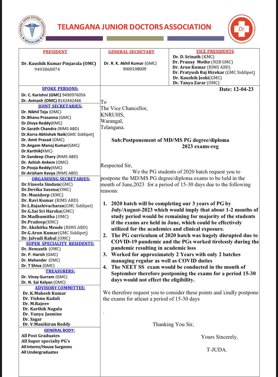 KalingaPenmatsa's tweet photo. @KTRBRS @KTRoffice @BRSHarish @TelanganaHealth sir,kindly consider our request in postoponing PG finalyear exams 15days🙏🏻.Every university reacted well and did the needful to protect the dignity of their doctors(even Ysruhs),But KNRUHS have no concern #postponepgfinalexams #tjuda https://t.co/XW8W79zVwu