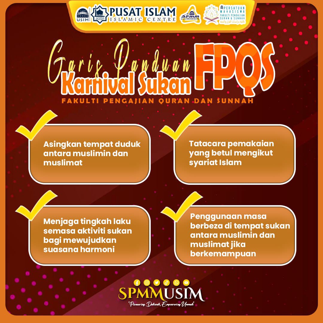 [ GARIS PANDUAN SEPANJANG KARNIVAL SUKAN FPQS ]

"Pioneering Dakwah, Empowering Ummah"

SEKRETARIAT PENDAKWAH MUDA MALAYSIA 2022/2023
PERSATUAN MAHASISWA FAKULTI PENGAJIAN QURAN DAN SUNNAH 2022/2023
UNIVERSITI SAINS ISLAM MALAYSIA

#mediaspmm
#spmm2223
#karnivalsukanfpqs23