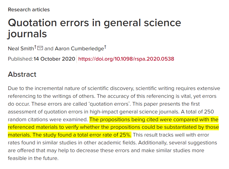 Around one in four citations in scientific journals misrepresent the cited paper. doi.org/10.1098/rspa.2…

"Quotation errors undermine the accumulative basis of scientific knowledge, so it is essential for scientists to be aware of their existence and try to avoid them."