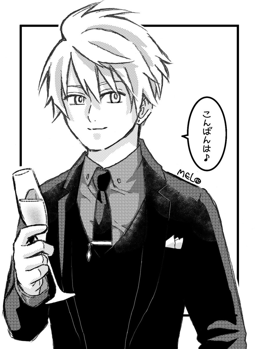 # うちの子によるホストクラブがありましたら誰をご指名しますか  お題、ニコルで頂きました!  ニコルはいつもシャツにベストなのでスーツも描きやすかったです✏️  お題、ありがとうございました!!✨