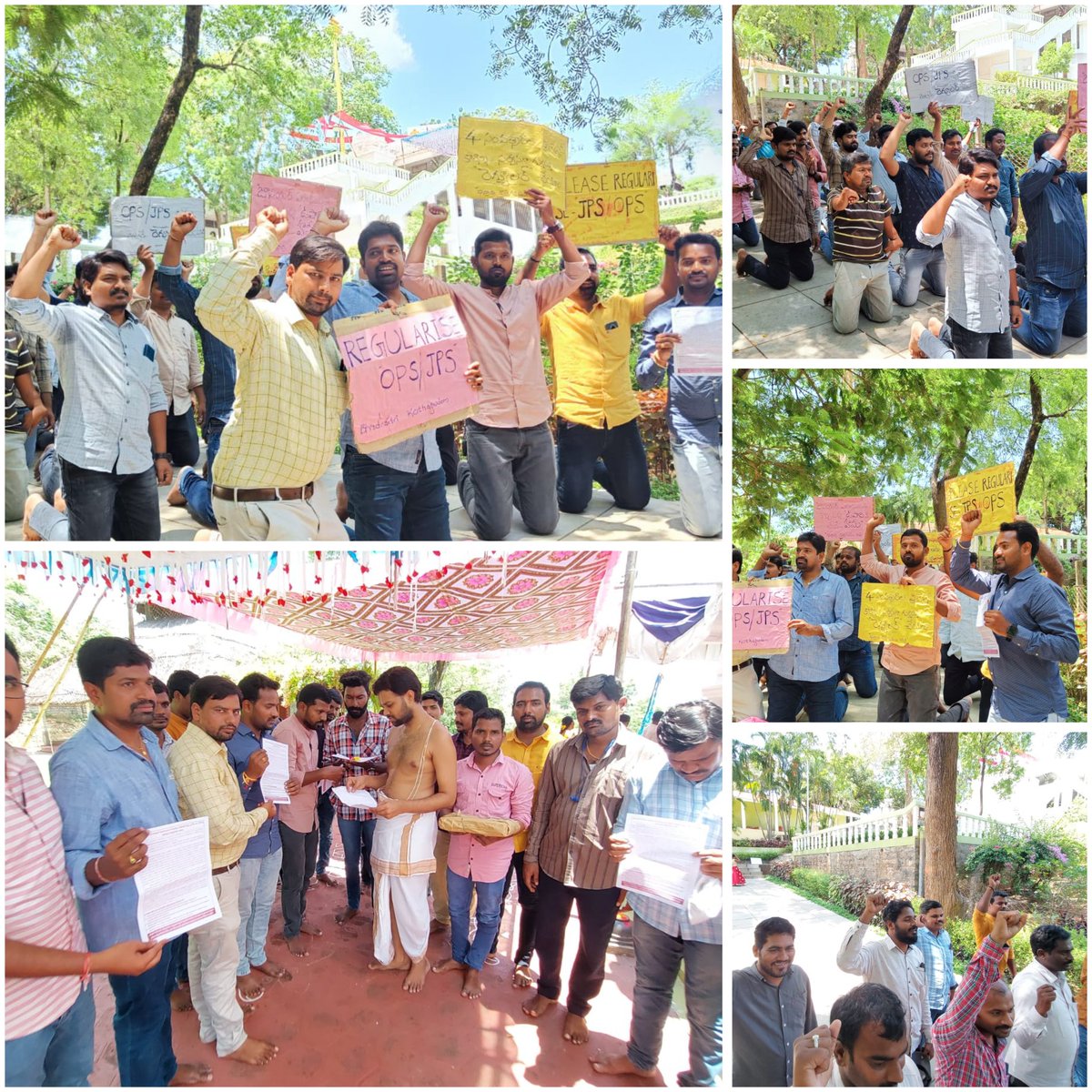TPSJAC2025's tweet photo. ఈరోజు JPSల 9వ రోజు సమ్మెలో భాగంగా భద్రాద్రికొత్తగూడెం జిల్లా JPS/OPS లు శ్రీవెంకటేశ్వరస్వామి ఆలయన్ని దర్శించుకుని ప్రత్యేక పూజల అనంతరం  మోకాళ్ళపై నిలబడి నిరసన తెలపడం జరిగింది
#jpsopsRegularisation #JPSRegularisation #regulariseJPS @10TvTeluguNews @abntelugutv  @TV9Telugu https://t.co/rbAI6E9Qjn