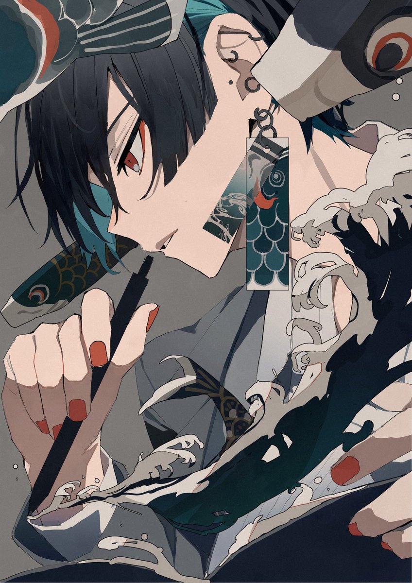 1boy black hair male focus solo red eyes red nails earrings  illustration images