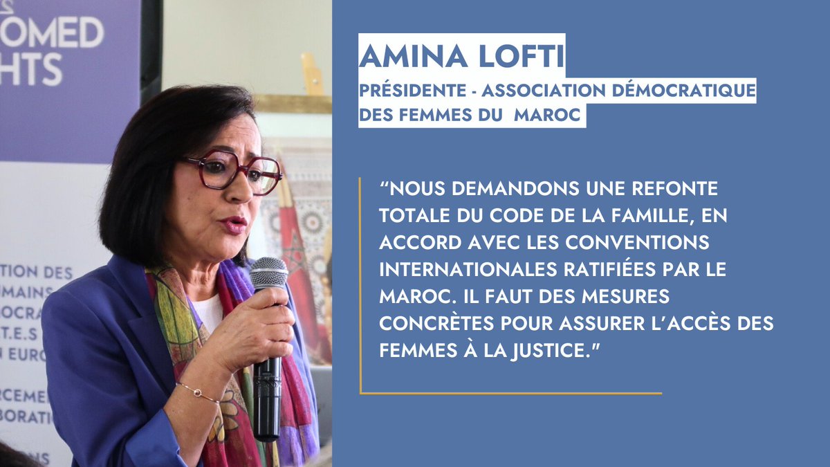 EuroMedRights's tweet photo. In #Morocco, the Family Code is discriminatory to women - on legal guardianship, child custody, property rights, divorce & inheritance. @aminalotfi56 from @adfm_morocco states an urgent need for a total revision of this code, in accordance w/ Int. Conventions. #ActionForEquality https://t.co/IbZa08ZJSP