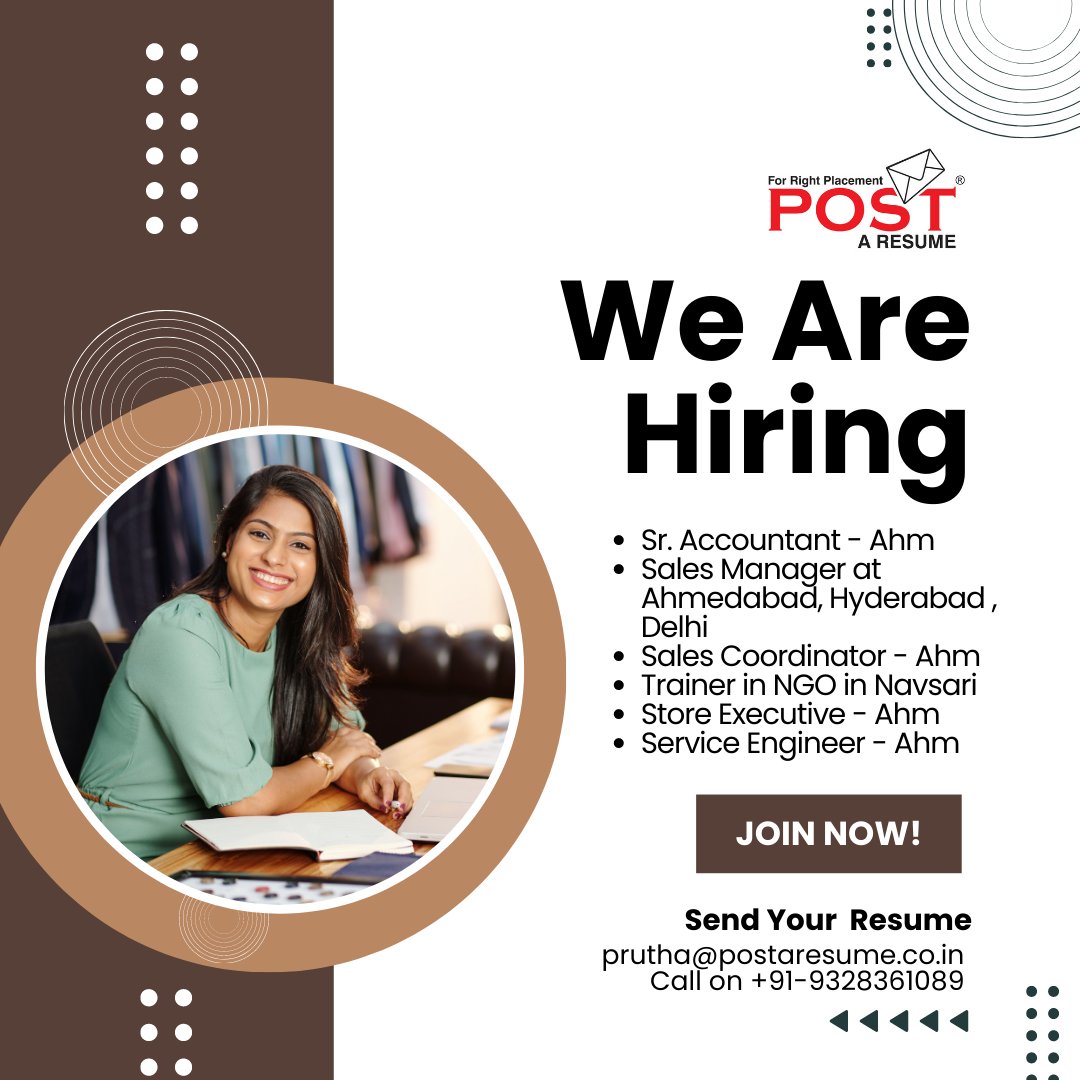 We are Hiring...
Call Prutha Bhavsar at +91-9328361089 for more details and Send a CV to prutha@postaresume.co.in before calling her. 
#postAresume #SalesCoordinator #Accountant #Sales #NGO #Trainer #ServiceEngineer