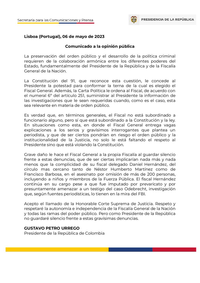 infopresidencia's tweet photo. “Acepto el llamado de la honorable @CorteSupremaJ. Respeto y respetaré la autonomía e independencia de la @FiscaliaCol y todas las ramas del poder público. Pero como Presidente de la República no guardaré silencio frente a estas gravísimas denuncias”: Pdte. @petrogustavo. https://t.co/Hz1ihdVOzL