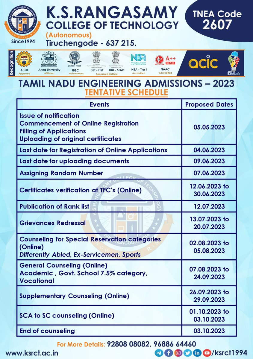 ksrct1994's tweet photo. Tamil Nadu Engineering Admissions 2023 #TentativeSchedule
#EngineeringAdmission #TNEACounselling #TNEA2023 #admission #education #admissionopen #admissions #college #students #admissionsopen #career #engineering #learning #scholarship #bestplacement #btech #placement https://t.co/rolPwqPXmh