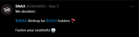 @SNAXBRC will do an airdrop to all $OSHI holders, snapshot date to be confirmed.
@SNAXBRC将向所有持有 #OSHI 的人进行空投，快照日期待定。
x.com/SNAXBRC/status…