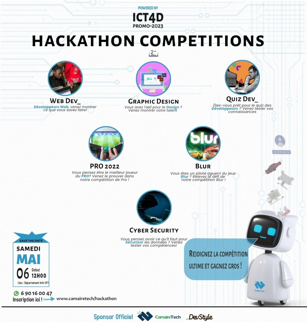 _devstyle's tweet image. DevStyle is in Yaoundé🚀!
Come meet #devstyle at this Hackathon organised by the awesome @CamaireTech team in UY1.

Come compete and win amazing prices🛍️🎁

#caparledev #devstyle #camairetech