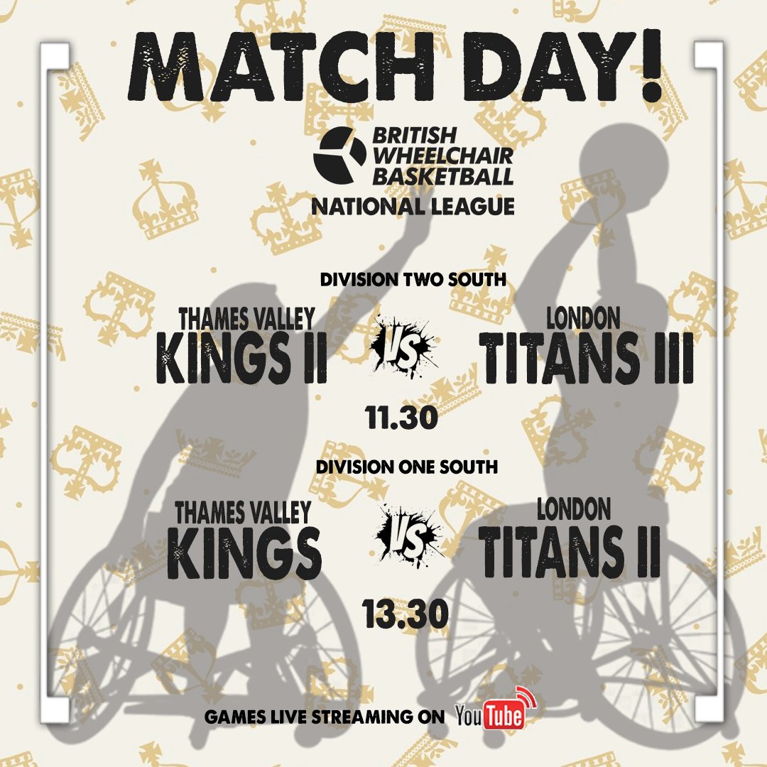 Final Home games of the season - It's #MATCHDAY 

Division 2 South
Kings II vs Titans III
11.30

then...
Division 1 South
Kings vs Titans II
13.30

FBC Centre, Wokingham

Streaming on Kings YouTube Page!
youtube.com/@ThamesValleyK…