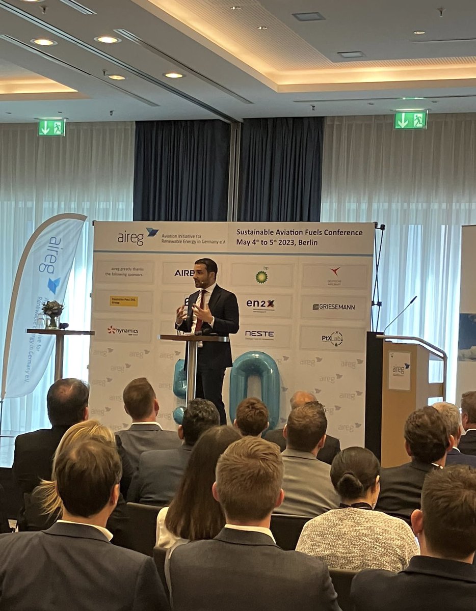 UAEinBerlin's tweet photo. H.E. Ahmed Alattar @VAEAMBDE represented the #UAE 🇦🇪 in the "Global Perspectives towards Sustainable Aviation" panel at the #Aireg Sustainable Aviation Fuels Conference 2023 in #Berlin, highlighting the UAE’s efforts to become the regional hub for #SAF. https://t.co/ubsKyn4tcH