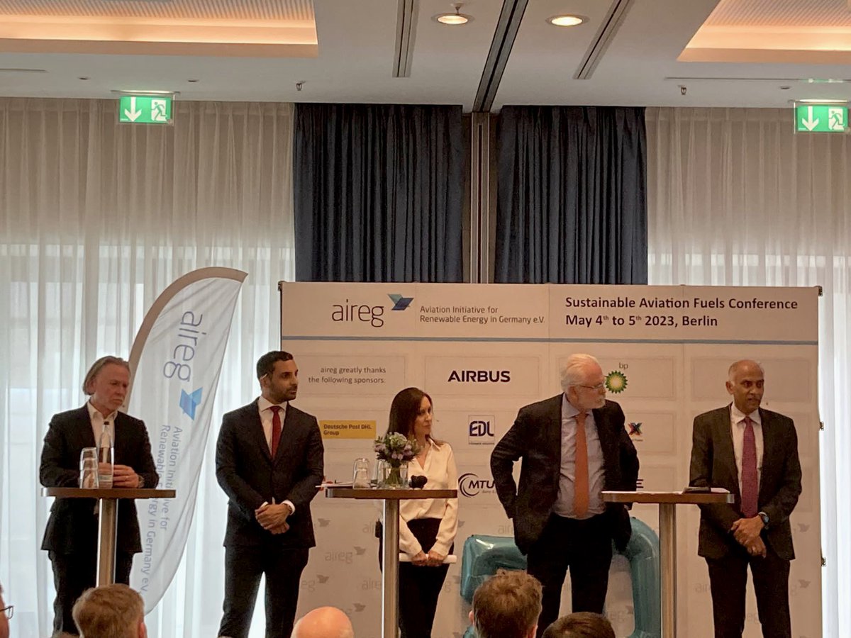 UAEinBerlin's tweet photo. H.E. Ahmed Alattar @VAEAMBDE represented the #UAE 🇦🇪 in the "Global Perspectives towards Sustainable Aviation" panel at the #Aireg Sustainable Aviation Fuels Conference 2023 in #Berlin, highlighting the UAE’s efforts to become the regional hub for #SAF. https://t.co/ubsKyn4tcH