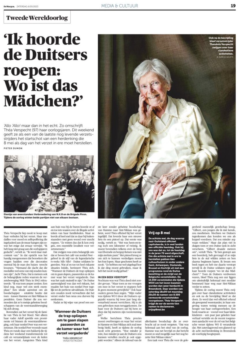 danyneudt's tweet photo. Maak kennis met Théa Verspecht. Als 97-jarige verzetsvrouw, een van de laatste overlevenden, geeft ze om 18u de aftrap van de voorleesmarathon 'Dit zijn de namen'. 50u lang lezen we namen van duizenden verzetshelden voor. Te volgen via livestream: https://t.co/YZ4OE2yDTZ https://t.co/HwsZ6iggfF