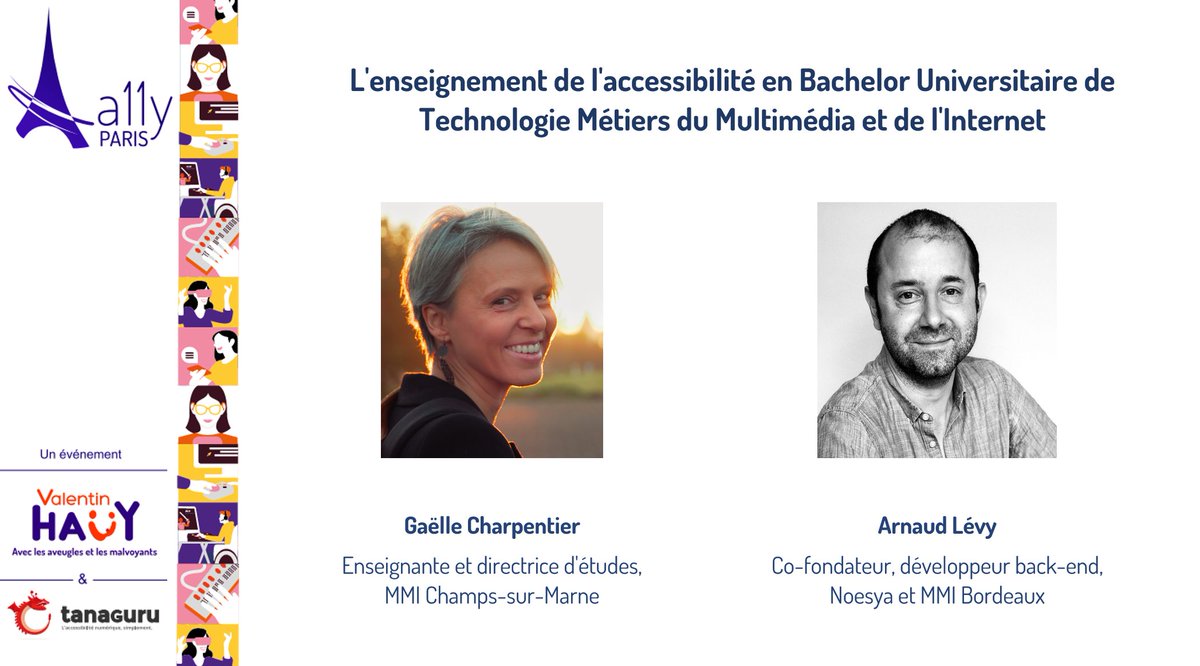 #A11yParis : L'enseignement de l'accessibilité en BUT MMI (16h20 à 16h50)
<a href="/Gaelle_Cha/">Gaëlle Charpentier</a> <a href="/arnaudlevy/">Arnaud Levy</a>
<a href="/noesya_coop/">Noesya</a> @UGustaveEiffel MMI Bordeaux
#A11y #Accessibilité #Numérique #Université #Annuaire #Inclusion #Handicap
<a href="/ValentinHauy/">Association Valentin Haüy</a>  <a href="/TanaguruApp/">Tanaguru</a>  <a href="/certam/">CERTAM AVH</a>