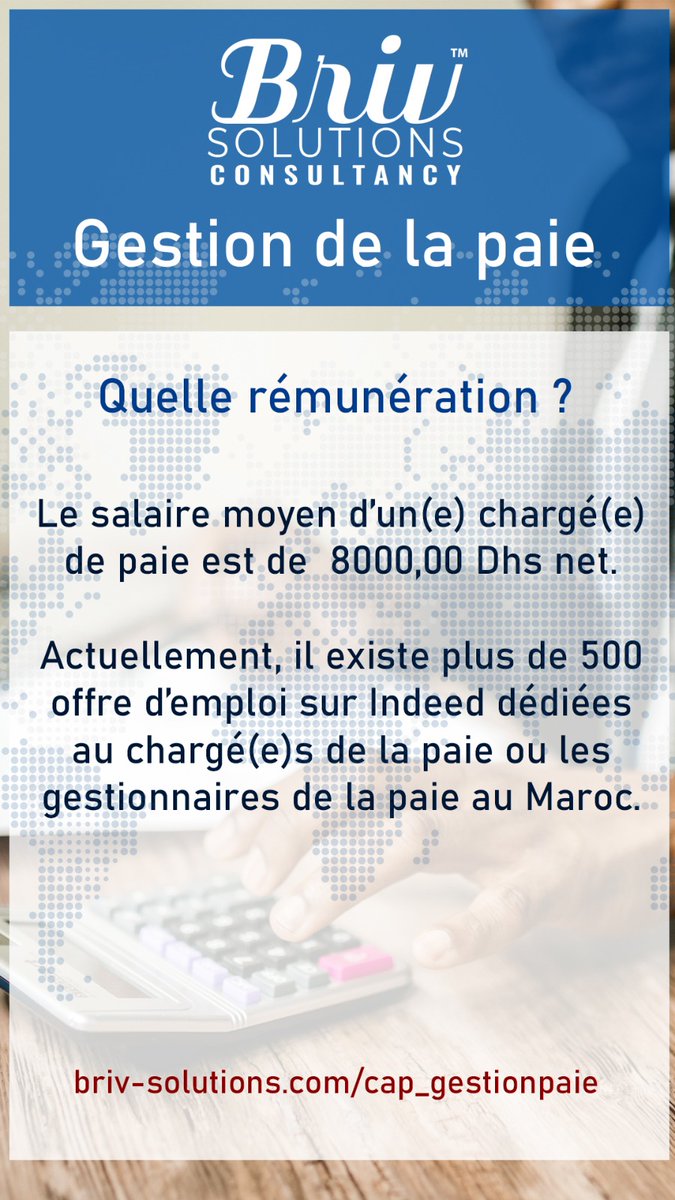brivsolutions's tweet photo. 💡 Notre cabinet vous propose une formation afin d'assimiler la technicité suffisante qui vous permettra votre insertion au marché de l'emploi au Maroc en tant que : chargé(e) de paie, chargé(e) RH, assistant(e) RH, responsable RH, responsable de la paie.

🗓 Samedi 20 et 21 Mai https://t.co/lbIJPtp6bp