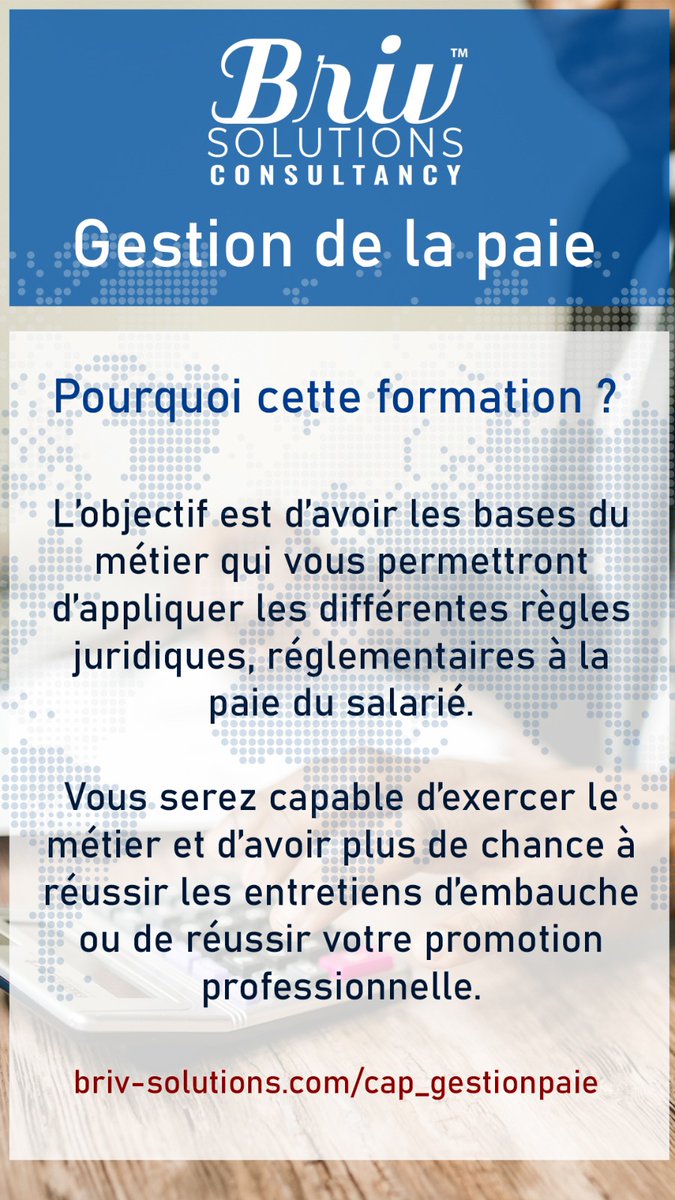 brivsolutions's tweet photo. 💡 Notre cabinet vous propose une formation afin d'assimiler la technicité suffisante qui vous permettra votre insertion au marché de l'emploi au Maroc en tant que : chargé(e) de paie, chargé(e) RH, assistant(e) RH, responsable RH, responsable de la paie.

🗓 Samedi 20 et 21 Mai https://t.co/lbIJPtp6bp