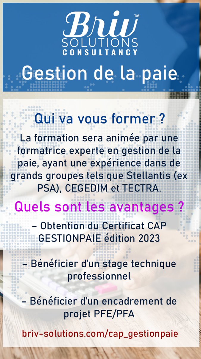 brivsolutions's tweet photo. 💡 Notre cabinet vous propose une formation afin d'assimiler la technicité suffisante qui vous permettra votre insertion au marché de l'emploi au Maroc en tant que : chargé(e) de paie, chargé(e) RH, assistant(e) RH, responsable RH, responsable de la paie.

🗓 Samedi 20 et 21 Mai https://t.co/lbIJPtp6bp