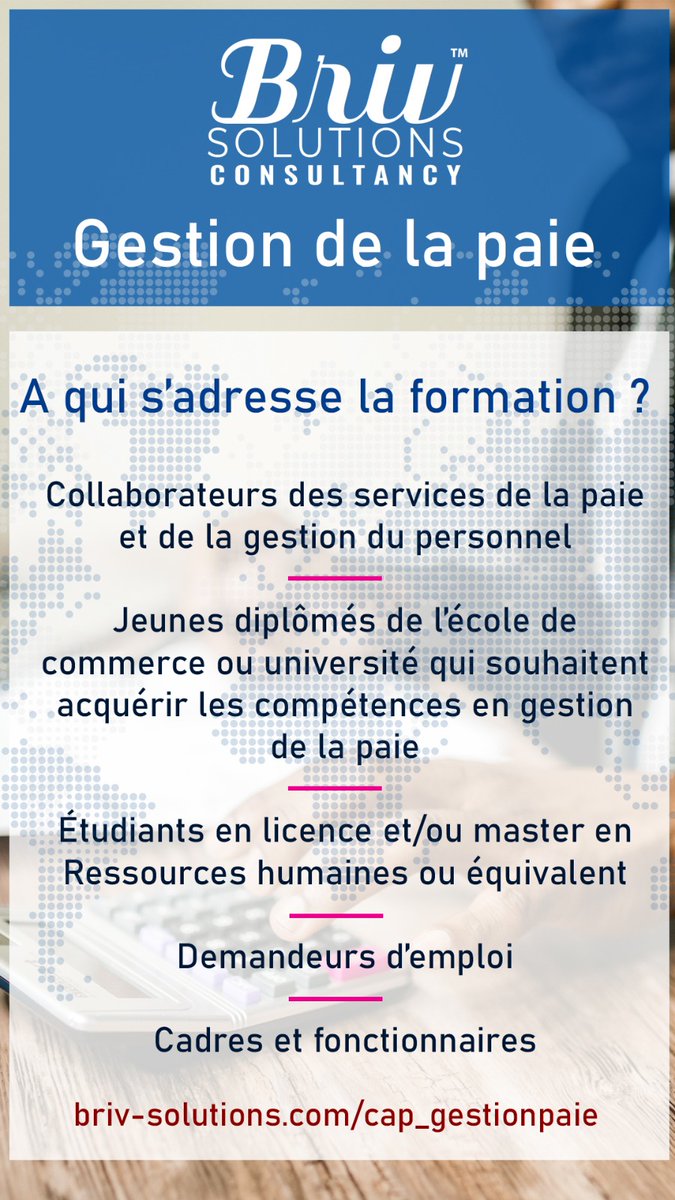 brivsolutions's tweet photo. 💡 Notre cabinet vous propose une formation afin d'assimiler la technicité suffisante qui vous permettra votre insertion au marché de l'emploi au Maroc en tant que : chargé(e) de paie, chargé(e) RH, assistant(e) RH, responsable RH, responsable de la paie.

🗓 Samedi 20 et 21 Mai https://t.co/lbIJPtp6bp