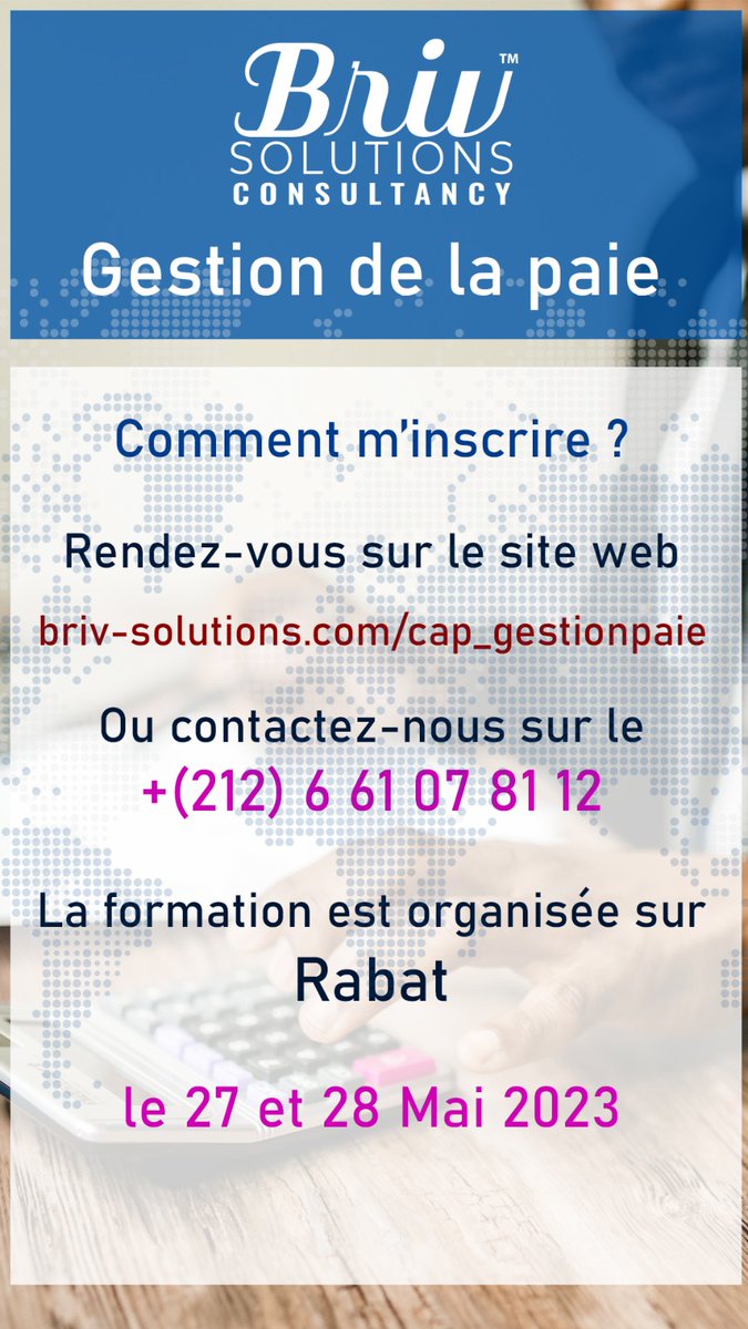 brivsolutions's tweet photo. 📍 Hay Riad, Rabat 

☎️ +212661078112

📧 contactus@briv-solutions.com 

📝 Pour s'inscrire : https://t.co/4G15zklQut

#formation #emploi #rh #maroc #gestiondepaie #paie #ressourceshumaines #certfication https://t.co/GgvAqzwrSJ