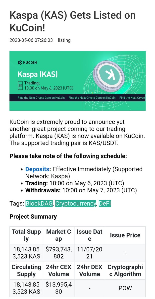 cryptodoc_'s tweet photo. $KAS one of my favourite projects getting listed on @kucoincom in 30mins 😍🔥

Congratulations @KaspaCurrency 🔥

#KuCoin #100xgem https://t.co/6ouJQsXlaL