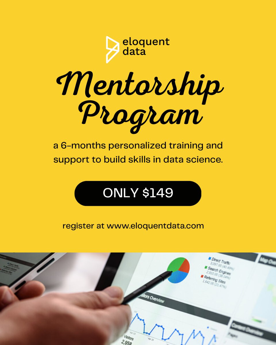 eloquent_data's tweet photo. Only two weeks left..

Don't miss out on this opportunity to accelerate your career and achieve your data science goals. 

Enrollment is open now, with the program starting on 20th May. 

Apply now
https://t.co/ITCH3l5kAr

#datascience
#mentorship https://t.co/CrbHDpRhmP
