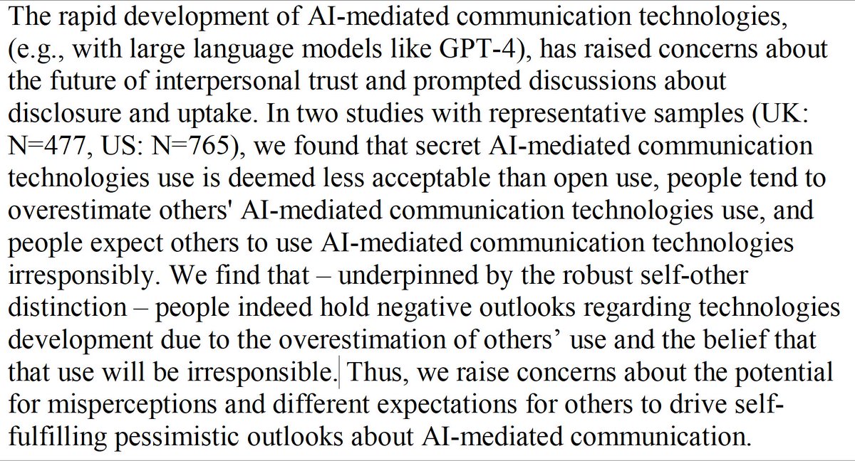 DegenRolf's tweet photo. Fears about technologies like ChatGPT are grounded in the expectation that other people, rather than oneself, will use them excessively and irresponsibly. https://t.co/SLK0r6g1Ia https://t.co/6WwN4UUGis