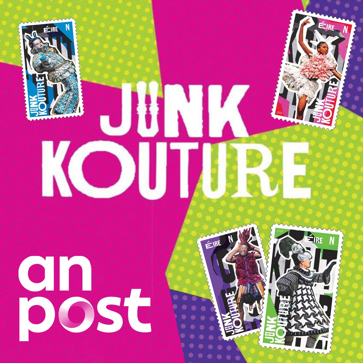 Send Fashion. Send Expression. Send Love. 💌 Junk Kouture stamps with @Postvox have landed!!! These striking stamps, which allow postage within Ireland are available at anpost.com/junkkouture and in selected post offices nationwide 💫