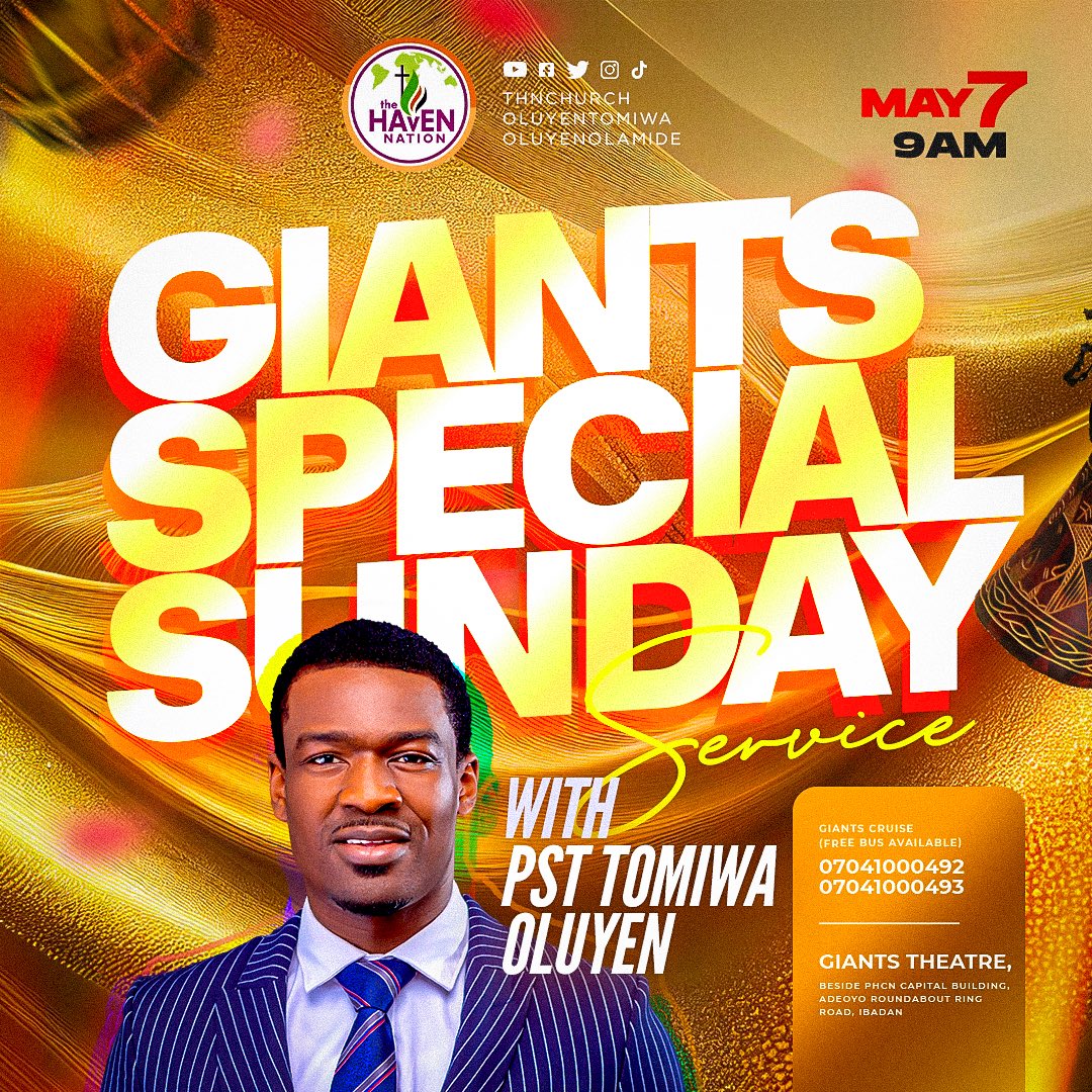 OluyenTomiwa's tweet photo. Join Us At The Giants Special Sunday Service with Pastor Tomiwa Oluyen at 9 a.m (GMT) #THNsundays #GiantsDelight #GiantsTheatre 

Venue: Giants Theatre 

Stream the service 
Live On YouTube

https://t.co/U8vqUI5Omd

We Love You And We Celebrate You https://t.co/FKPkziOuvD