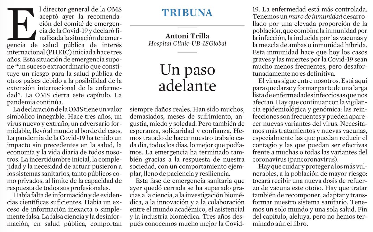 ToniTrilla's tweet photo. Ayer, el DG de la OMS dijo:
"Con gran esperanza declaro finalizada la emergencia sanitaria mundial por la COVID-19.
Esto no significa que la COVID-19 no sea aun una amenaza para la salud global."
Es un paso adelante.
Gracias a todos los que lo han hecho posible!
@LaVanguardia https://t.co/x6ctbud8Mr