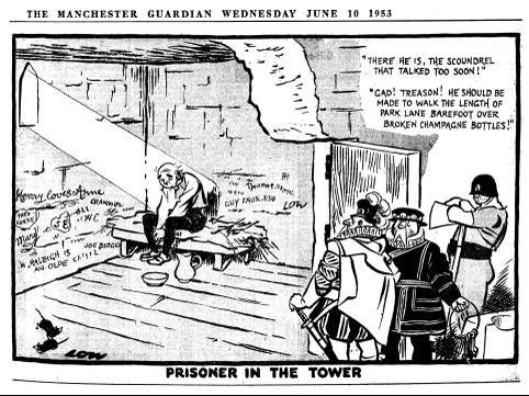David Low got into so much trouble for criticising the cost of the #Coronation in 1953 that a few days later he drew a cartoon of himself locked up in the Tower of London.
