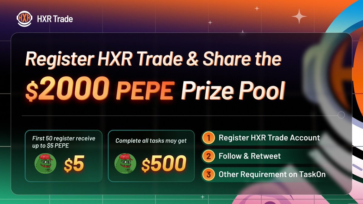 TaskOnCampaigns's tweet photo. 🤔Wanna get $PEPE? Join this special #Giveaway from @HXRTrade - $2000 only for @taskonxyz participants!  

💚Register to win up to $5 #PEPE #FCFS 
💛Trade to win up to $500 #PEPE on #BNB  / #OKX   

Act Now👇
https://t.co/1n6Wc1uE6Y https://t.co/2KxNyDNugH