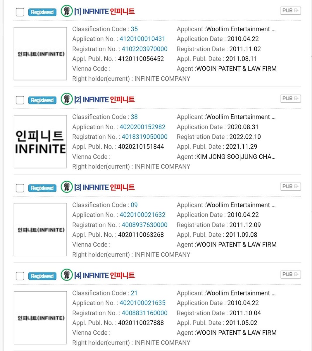 [INFO] 230506 INFINITE trademarks, previously applied for and held by Woollim, are now held by 'INFINITE COMPANY' #인피니트