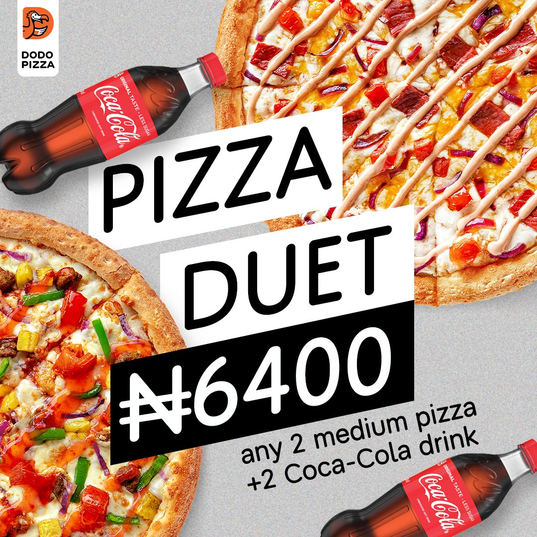 Our Pizza duet is that offer you shouldn't sleep on!!! 🍕😍 Get any 2 medium pizza and 2 drinks, for N6400 only👌🏾🥰 Available instores and online! To order, dial: 0700DODOPIZZA, (0700363674992), visit our website: dodopizza.ng, or download Dodo App. #DodoPizzaNG