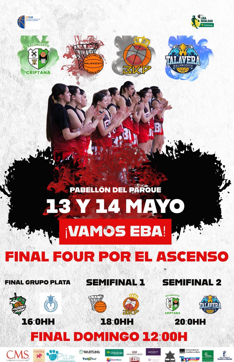 EBA_Albacete's tweet photo. 🖤❤️Final Four femenina por el ascenso 

Las guerrera buscan el ascenso en el Pabellón del parque y nos necesitan 
✍🏼Apúntate la fecha 🔥

📆13 y 14 mayo

🏀Semifinal 1
EBA 🆚 @BPuertollano 
⏱️18:00

🏀Semifinal 2
@BCriptana 🆚 @Talavera_Basket 
⏱️20:00

👇🏼👇🏼👇🏼 https://t.co/0nNRMvGj9J