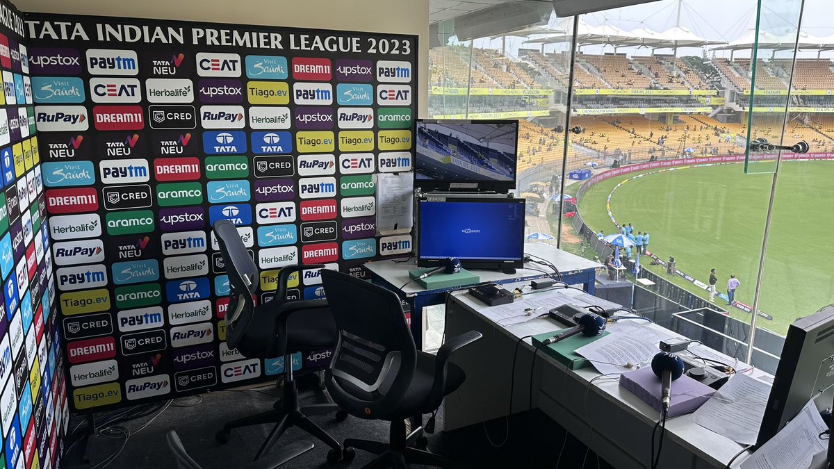 modsteroz's tweet photo. Huge Game! 9 IPL titles π between these two! #Chennai #India working on the mighty #CrewC @IPL #CRICKET #CSKvMI Commentators π @AaronFinch5 @mmbangwa @Sdoull @sanjaymanjrekar #SunnyGavaskar #IPL2023Β @ChennaiIPL @mipaltan a lot of you have asked what's my view like! #Blessed #GameOn