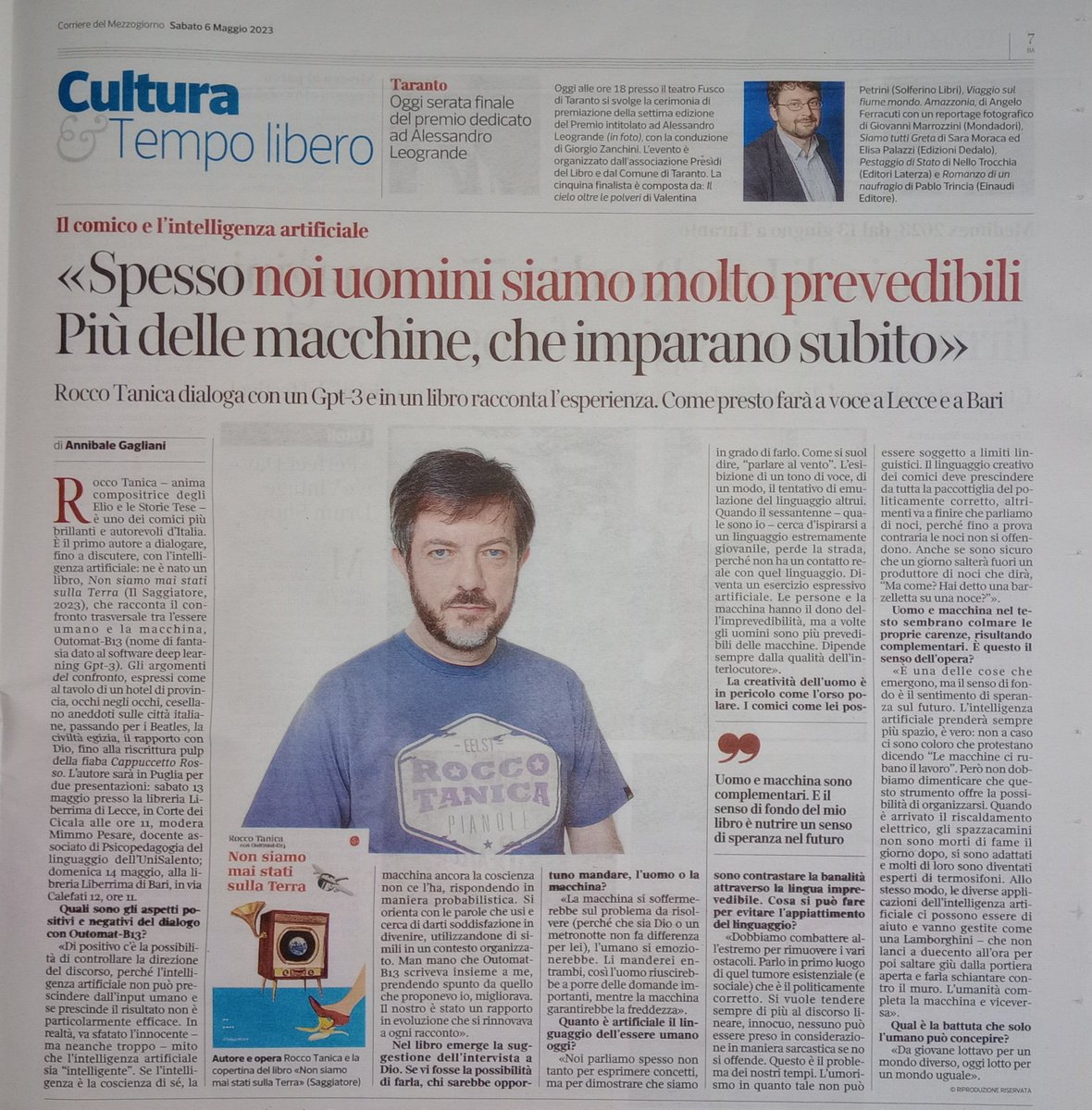Gagliani92's tweet photo. @maroccotanica  è  uno dei comici più brillanti e autorevoli d’Italia. È il primo autore a dialogare con l’intelligenza artificiale: ne è nato un libro, "Non siamo mai stati sulla Terra" (il Saggiatore). L'intervista sul @corrieremezzo
 #roccotanica #libri https://t.co/9xodEzKaPS