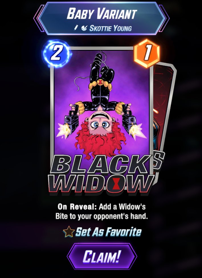 ITheCheefI's tweet photo. My mystery variant from battle pass tier 7 is pretty fire. Really like the Baby Variant art! @MARVELSNAP https://t.co/Cb9buyDmPV