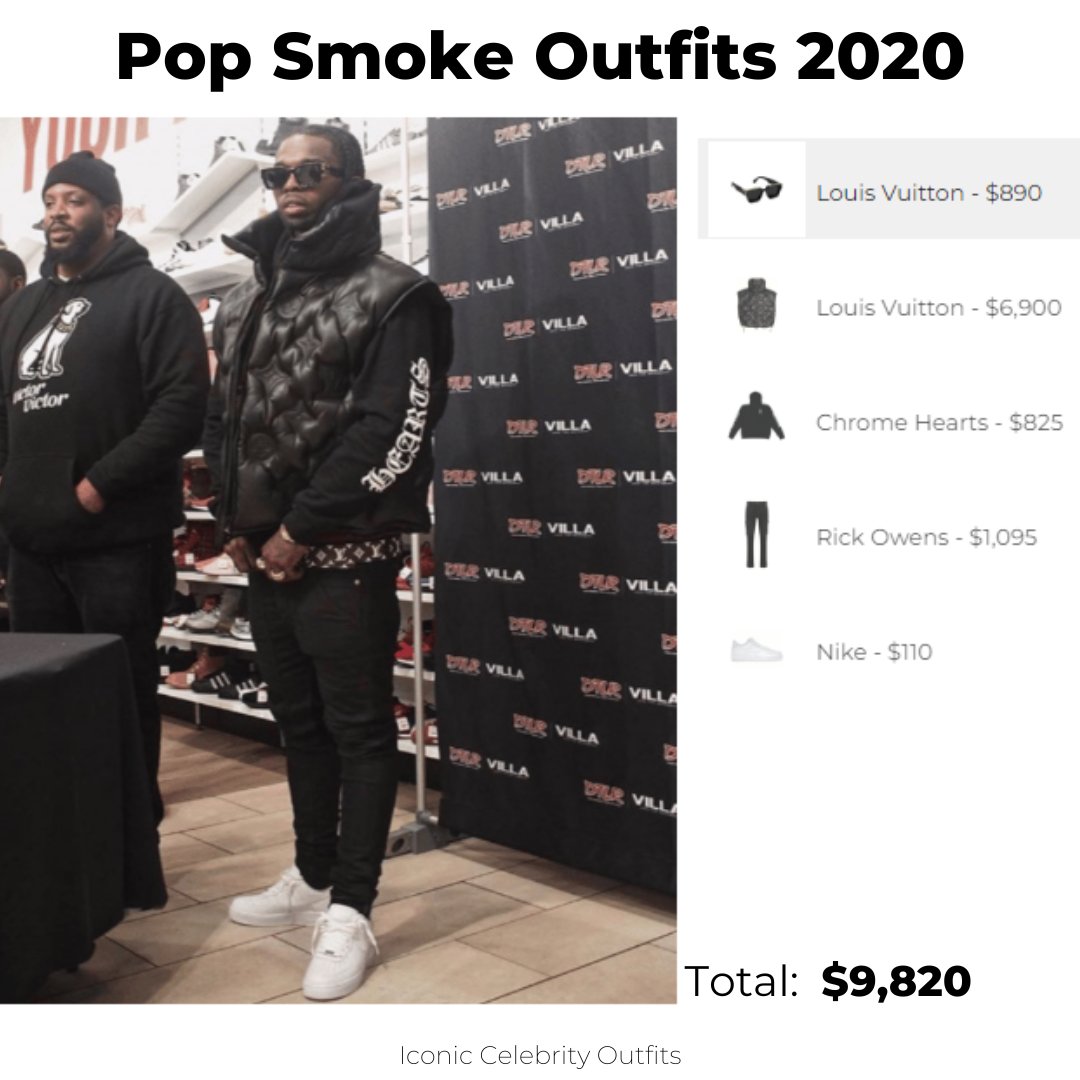 IconicCelebrityOutfits on X: Dress like Pop Smoke in the LV Leather Gilet,  Chrome Hearts Hoodie, and Rick Owens Joggers 👉   Brands: #LouisVuitton #ChromeHearts #RickOwens #Nike Items: #sunglasses  #gilet #hoodie #sneakers