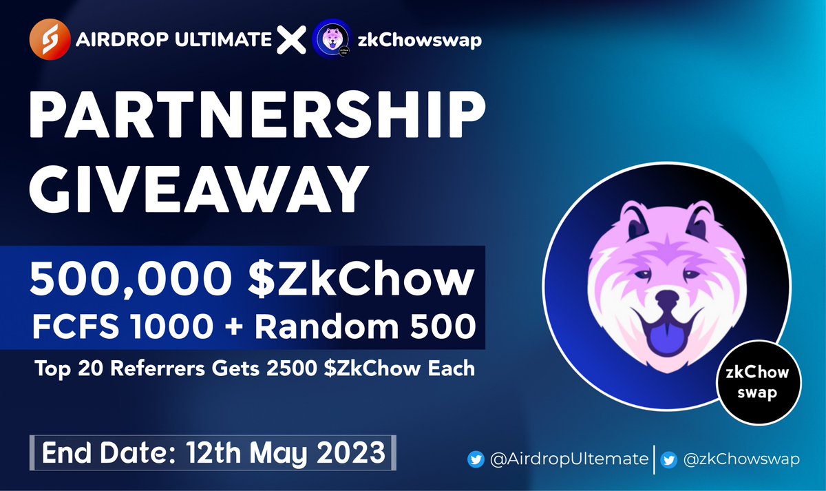 AirdropUltemate's tweet photo. 🥳 ZkChowswap X Airdrop Ultimate #Giveaway

🏆 Prize Pool «» 500,000 $ZKCHOW

✅ Follow @AirdropUltemate &amp; @zkChowswap
✅ Like, RT &amp; Tag 3 Friends
✅ Complete #Gleam ⤵️
https://t.co/ZsZdY9KV0T

⏳ Ends 12th May

#Crypto #zkSync #zkSyncEra #Airdrop #ZKCHOW #memecoin https://t.co/6o2EIpwL5H