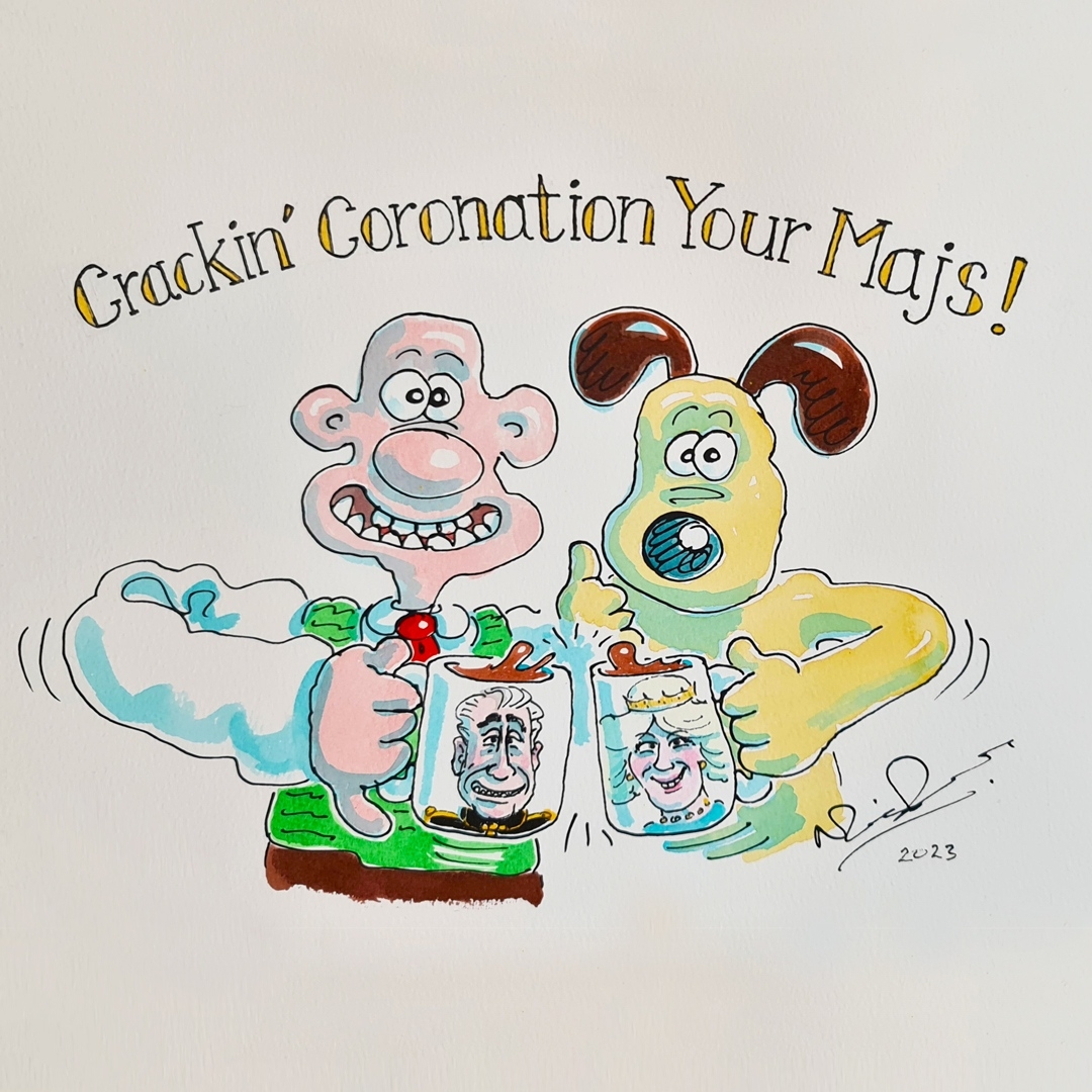 aardman's tweet photo. Did you know that the new King is a fan of Wallace &amp; Gromit? So, here’s a special painting by Nick Park to mark his #Coronation! https://t.co/6k9zs8sG7h
