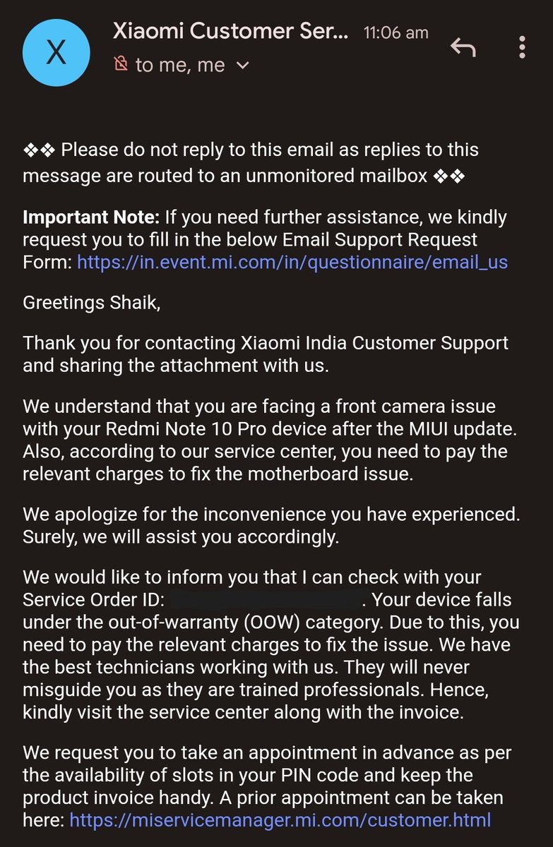 ShaikSafi8's tweet image. @RedmiSupportIN 
Hey @XiaomiIndia, after your MIUI update, my Redmi Note 10 Pro&apos;s front camera stopped working. And now, I&apos;m being asked to pay 10k for a motherboard replacement because it&apos;s out of warranty? How is this fair? #XiaomiIndia #MIUIupdate #CustomerServiceFail
