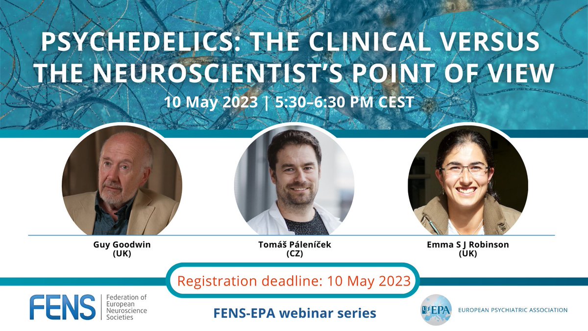 ⌛ Last days to register for the #FENS-EPA webinar! Guy Goodwin, Tomáš Páleníček and Emma Robinson are ready to tackle the key questions on the use of psychedelics from #neuroscience and clinical perspectives.

Interested? Register here: loom.ly/xlW20as

<a href="/Euro_Psychiatry/">European Psychiatric Association</a>