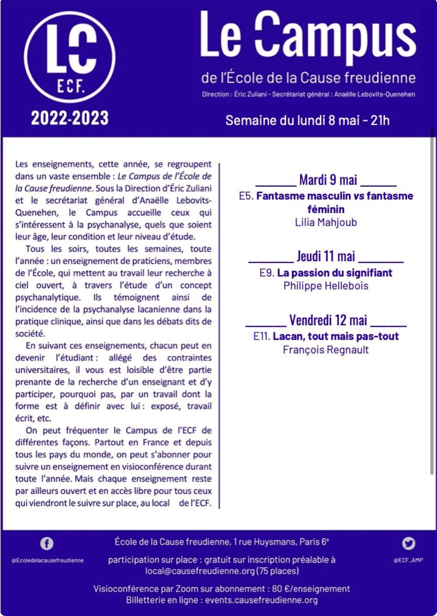 guidelacanienGP's tweet photo. 🔷Les enseignements de l’ECF reprennent! 

Deux formules :
1) AU LOCAL
1 rue Huysmans, Paris 6eme - GRATUIT – inscription à local@causefreudienne.org (75 places max). 
 
2) EN VISIOCONFÉRENCE
Inscription sur https://t.co/Tih3BPOE91 – 80€ pour un enseignement toute l'année. https://t.co/JHcKgrL1r4