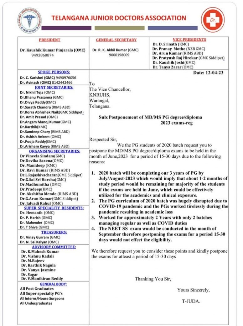 Teja_sreee's tweet photo. @KTRBRS @KTRoffice @BRSHarish @TelanganaHealth Sir please consider request of PG 2020 batch regarding postponing final exams for 1 https://t.co/RBJ42ncZjr response from #knruhs since one month #postponePgFinalexams https://t.co/N4j3uCVJXw