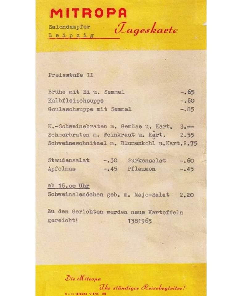 Der Personendampfer Leipzig ist das Schwesterschiff der Dresden und das jüngste Schiff der Sächsischen Dampfschiffahrt. Beide Schiffe sind die größten Raddampfer der Flotte. 
#Dampfschiff #Speisekarte #Mitropa #Leipzig #WeißeFlotte #Dresden #DDR #GDR #Ostalgie #EastGermany