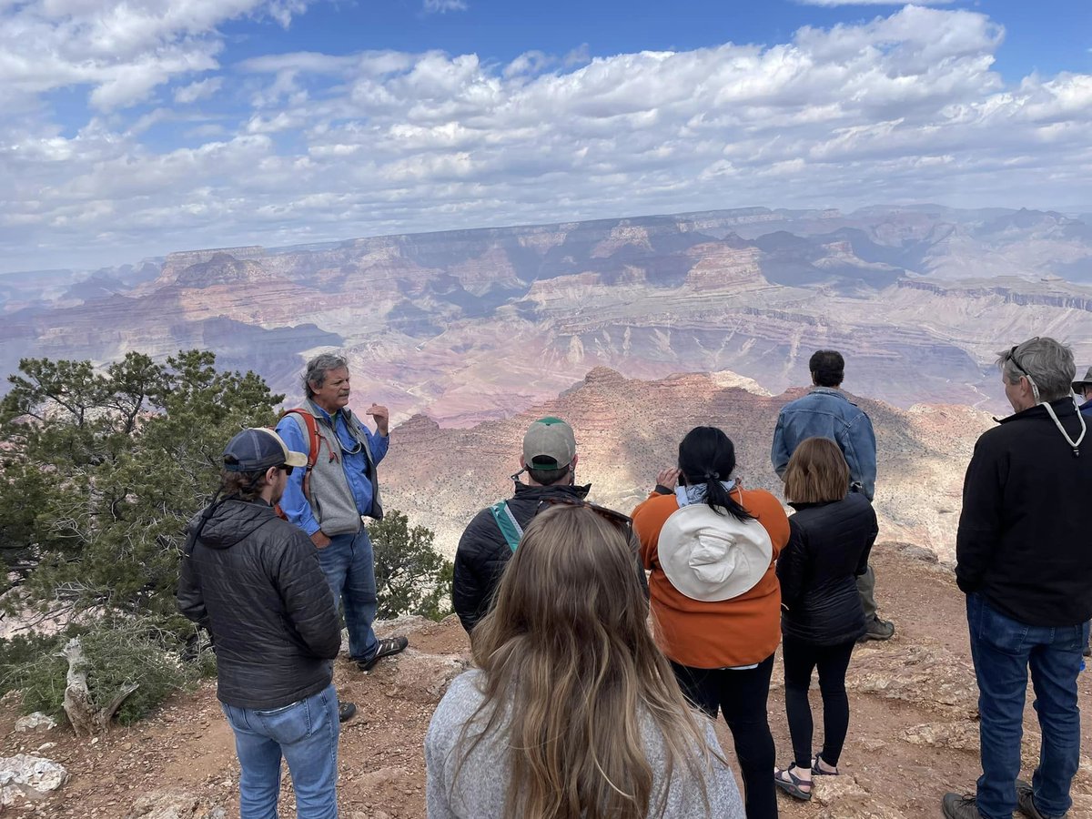 nau_ses's tweet photo. The NAU geology alumni Grand Canyon trip kicked off today with vistas of the Grand Canyon, Little Colorado River and Sunset Crater, petroglyphs, kissing the Kaibab fm for good luck, and prep for getting on the river. Tomorrow we launch from Lees Ferry! https://t.co/HMwkpqhCcf