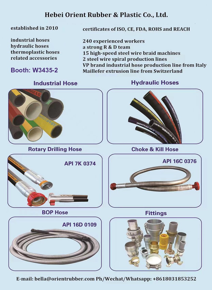 [Exhibitor of cippe2023]
Hebei Orient Rubber & Plastic Co., Ltd.
Booth: W3435-2
#hose #drillinghose #Hydraulichose #Industrialhose #fittings
Register as a visitor: lnkd.in/gfPhm4Wg