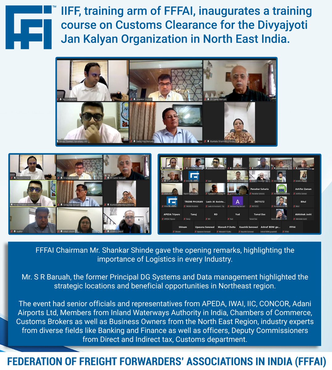 FFFAI_INDIA's tweet photo. IIFF, training arm of FFFAI, inaugurates a training course on Customs Clearance for the Divyajyoti Jan Kalyan Organization in North East India.
#iiff #fffai #trainingcourse #customclearance #logisticscourse #logisticstraining #custombrokers #association #shankarshinde https://t.co/1n1N8sYlyq