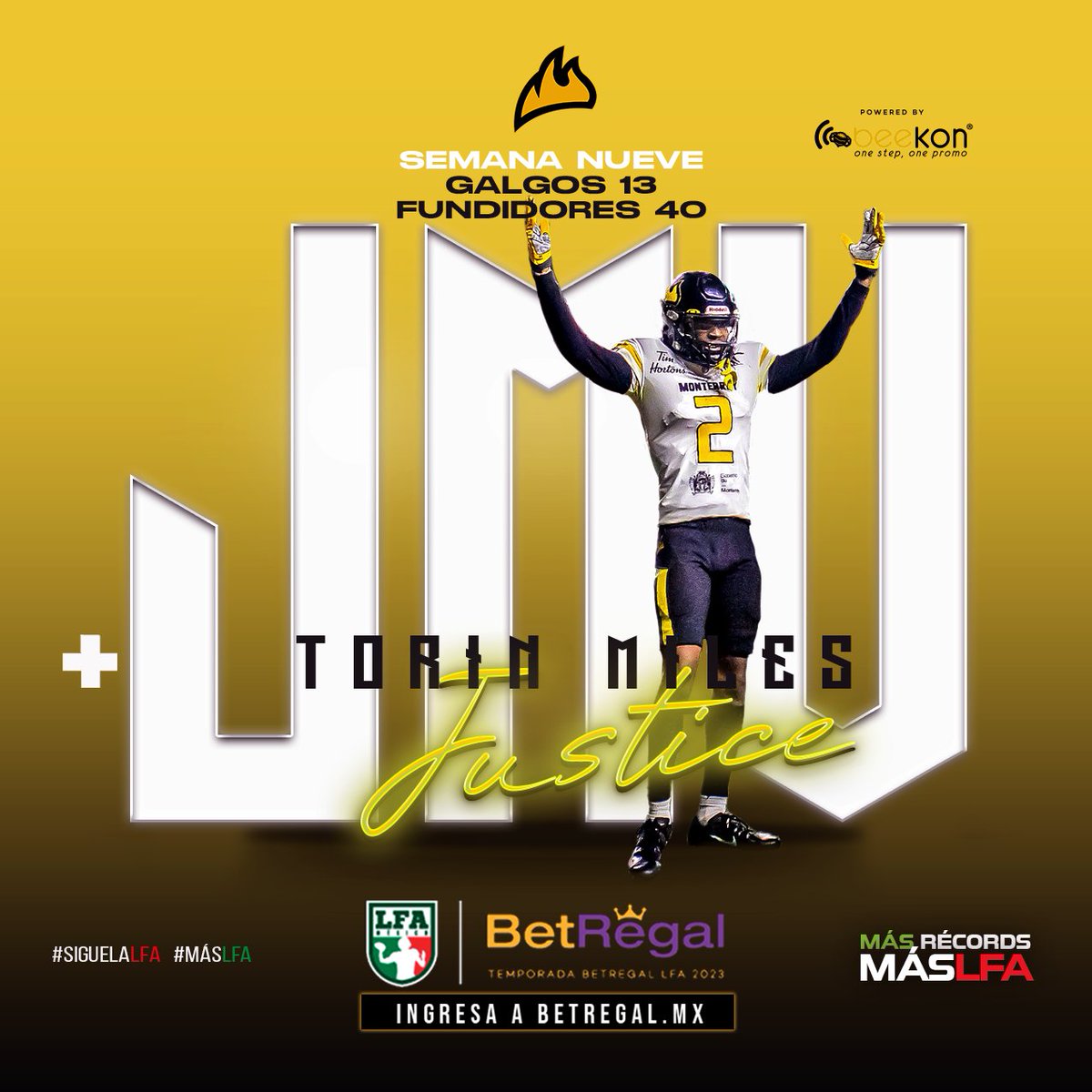 LFA_Mex's tweet photo. #AficiónLFA
.
Después de la primer jugada ofensiva dónde consiguió un touchdown de más de 80 yardas, Torin Justice fue una pieza clave para @FundidoresLFA y es seleccionado cómo el Jugador Más Valioso del encuentro.
.
#SigueLaLFA #MásLFA #VamosGalgos #RunltBack https://t.co/N9e6hJDcr2