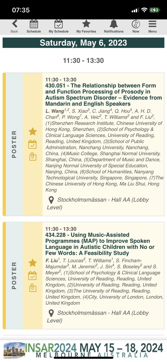 Today @AutismINSAR @AliceWang1003, Mirjana, Sara, & I will present our posters on form and function processing of prosody (051) and music-assisted language intervention for autistic children with no/few words (228). See you there! @ERC_Research #INSAR2023 #EUfunded